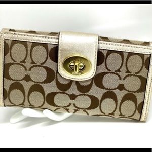 COACH Signature Khaki & Gold Turnlock Wallet